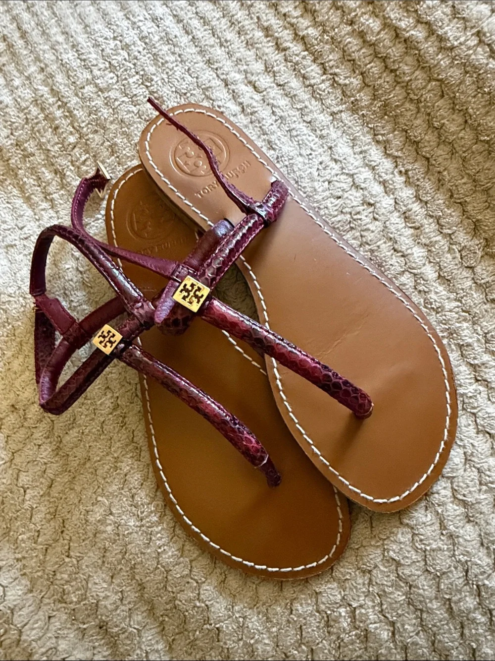 Tory Burch Alfie Snakeskin Leather Sandals with Gold Logo
